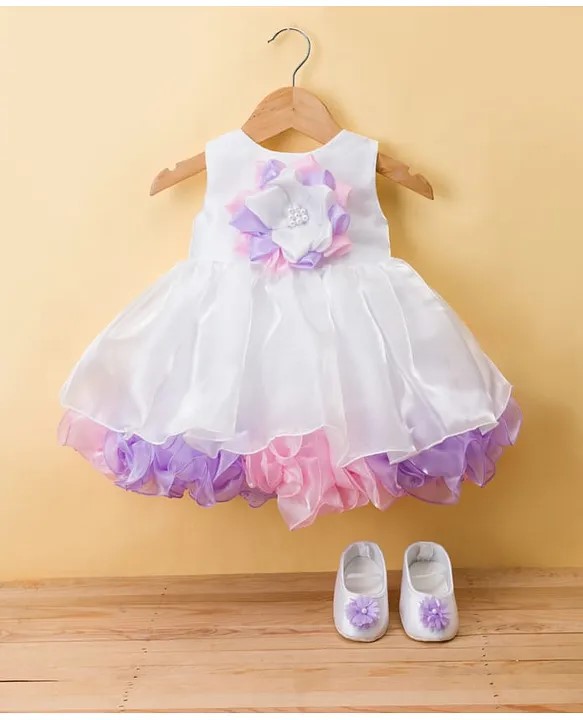 Bluebell Satin Woven Sleeveless Party Frock With Floral Applique & Booties - White